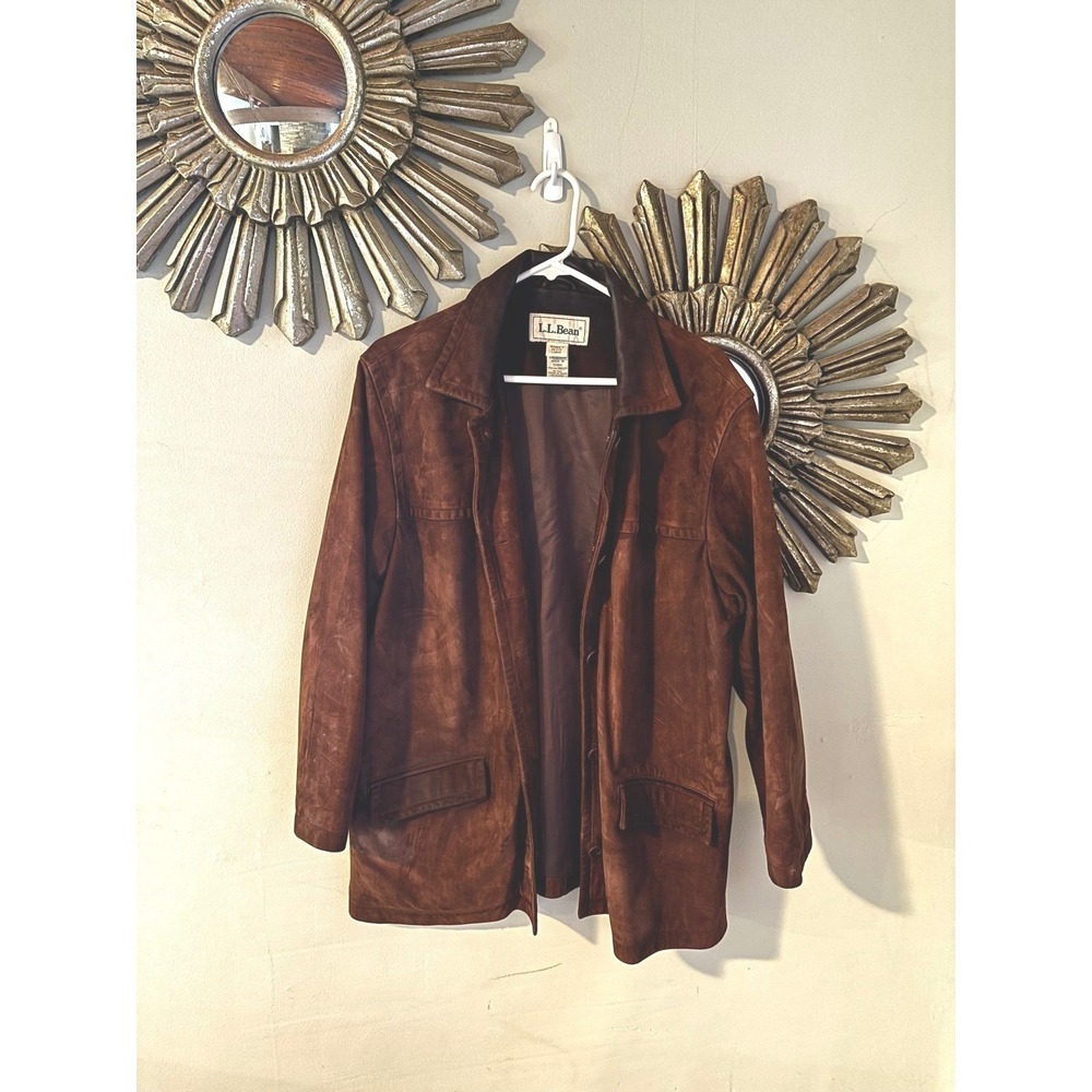 Vintage LL Bean Nubuck Leather Jacket Womens Petite Large Brown Classic Coat